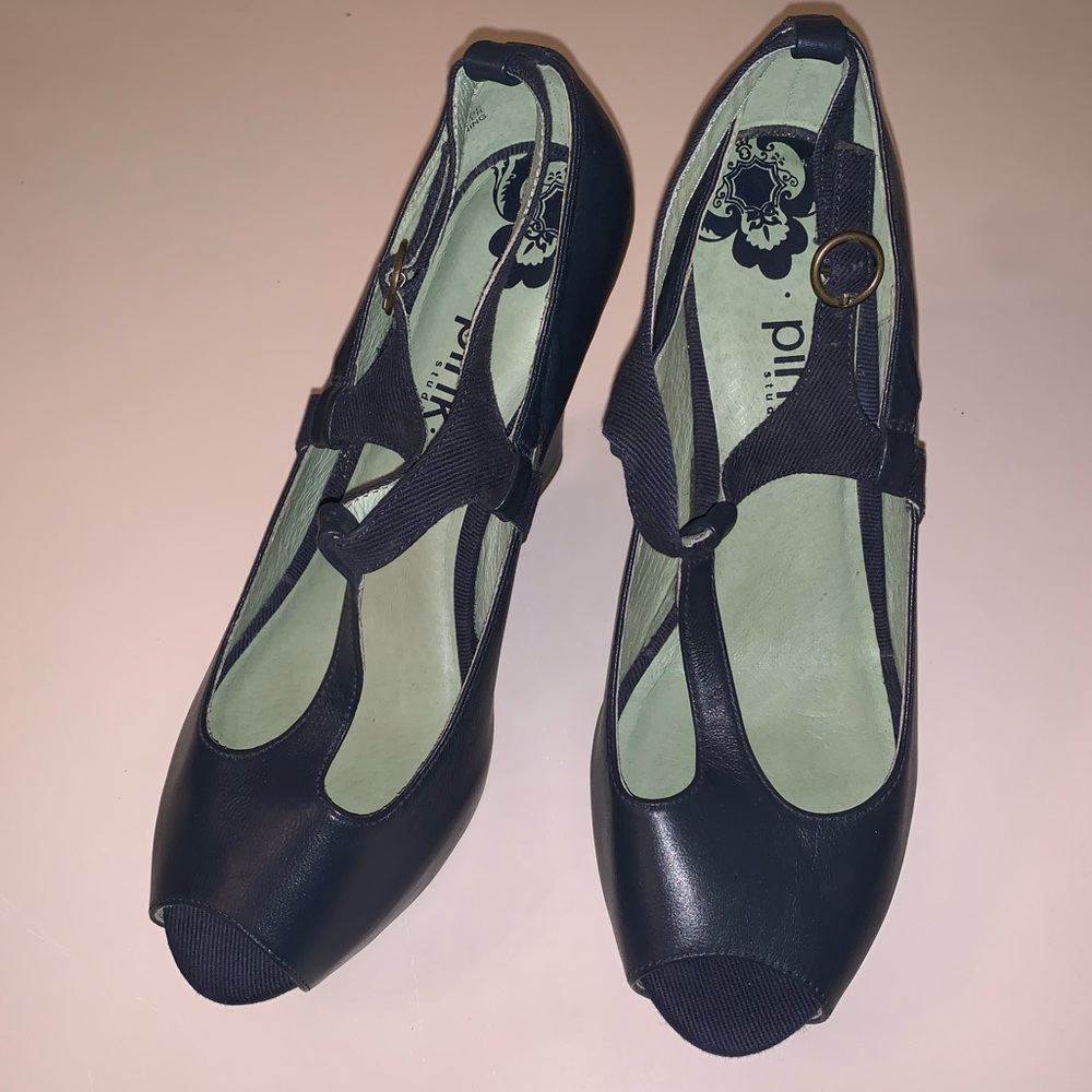 Anthropologie Leather Blue Peep Toe Wedges Size 10